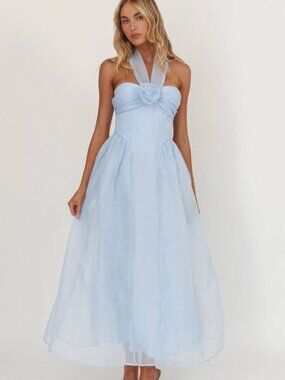 NWT Here Comes The Sun Light Blue Rose Applique Halter Midi Dress - XS